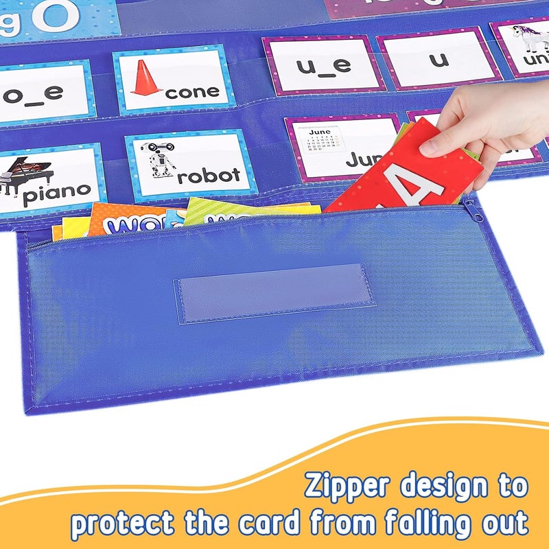 AKAYOK Standard Pocket Chart for Classroom, Clear 7 Pockets Words Chart with Extra Zip Pocket for School Home Office Fits Standard 3” Sentence Strips, Word Cards, Calendar, Visual Schedule (Blue) - Image 4
